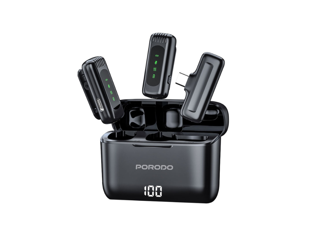 Porodo Lavalier Double Microphone with Charging Case - Black Porodo Lavalier Double Microphone with Charging Case - Black